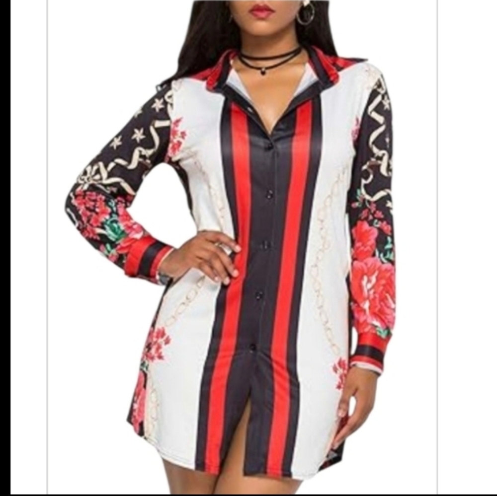 #00953 Floral Striped Button-Up Shirt Dress With Scarf - Picture 2 of 7
